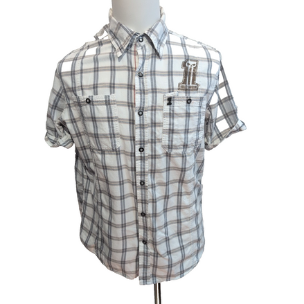Chemise Harley Davidson L Carreaux Gris Blanc Tête de Mort manches courtes