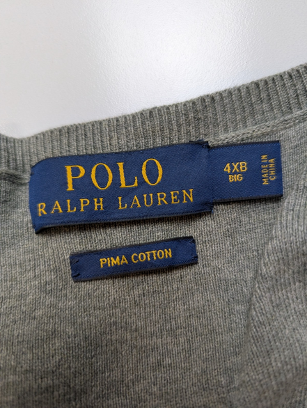 Pull POLO RALPH LAUREN Homme 4X BIG Grey V-Neck Logo Green Coton Big & Tall Rare