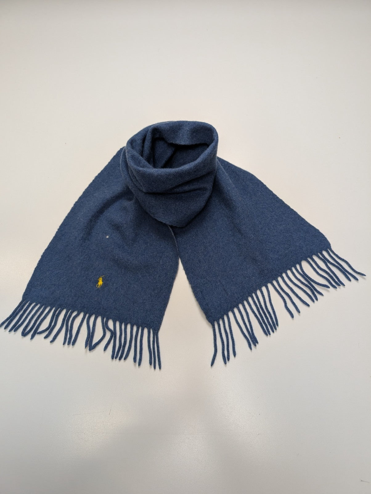 Écharpe Polo Ralph Lauren Vintage 100% Laine d'Agneau Bleu Clair Logo Jaune