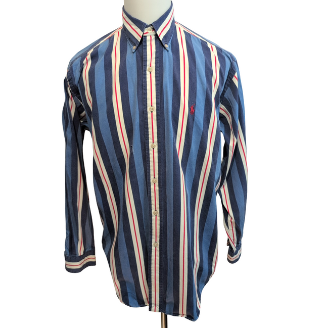 Chemise Ralph Lauren Blair M Rayures Bleu Blanc Rouge Logo Rouge