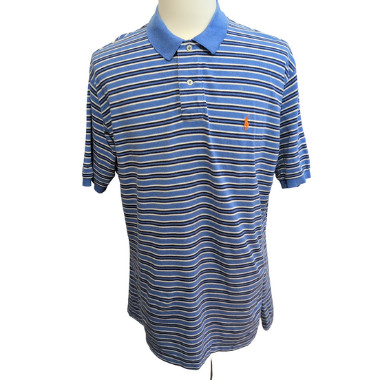 Polo Ralph Lauren Homme XL Bleu Rayures Fines Logo Orange Polo Manches Courtes
