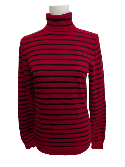 Pull Ralph Lauren (Lauren) Femme PL Col Roulé Rouge Rayures Noires Logo Brodé 🏷