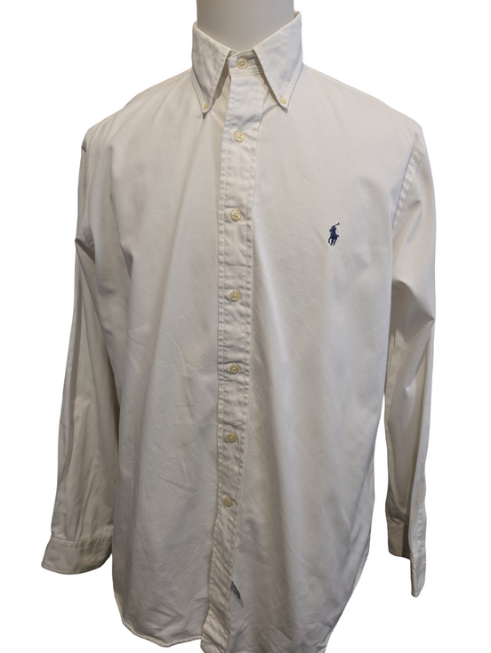 Chemise Ralph Lauren Blanche Logo Bleu Marine M. Longues Taille L (Coupe large)