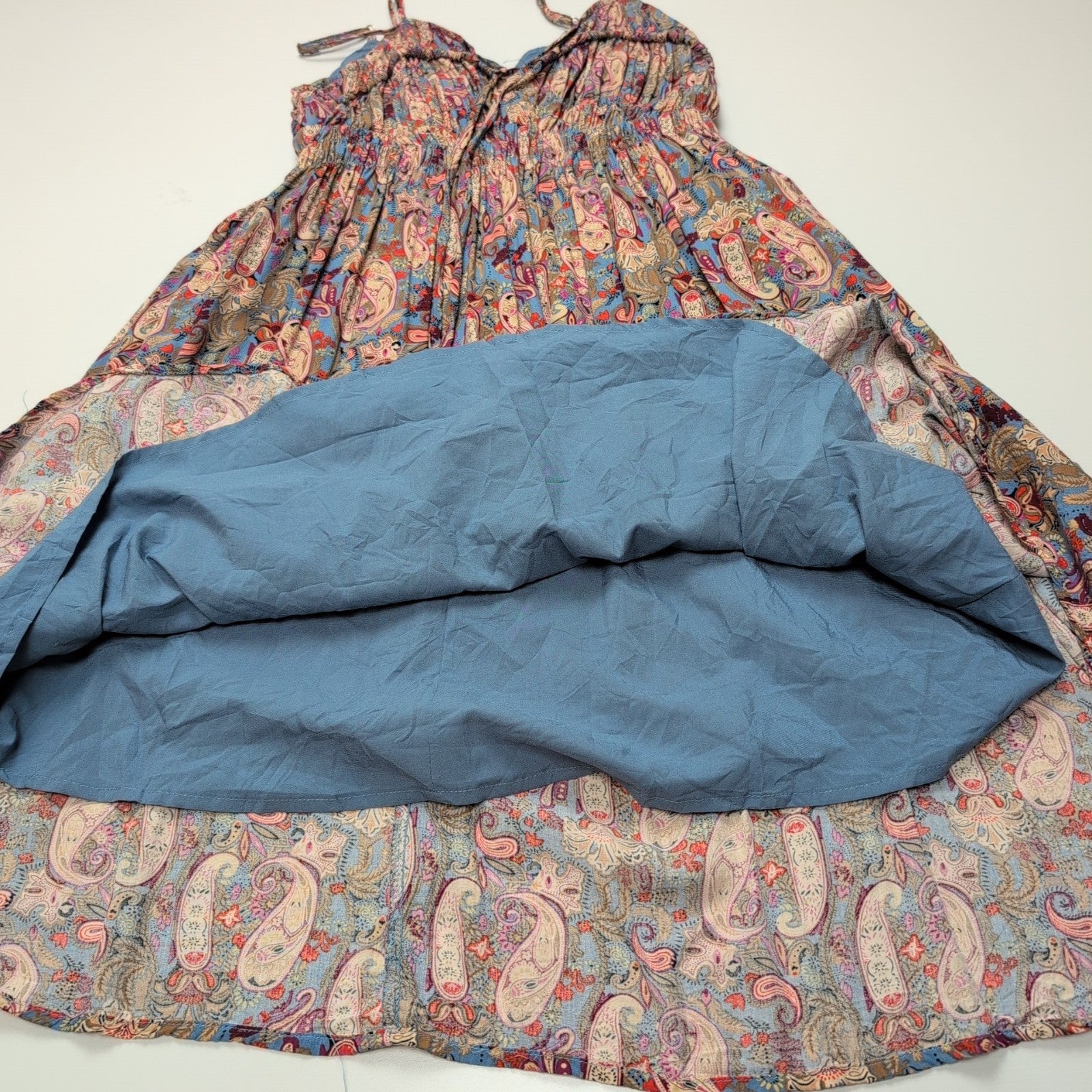 Robe d'été Femme M Viscose Cachemire Bleu Fine Bretelle Poches Bohème