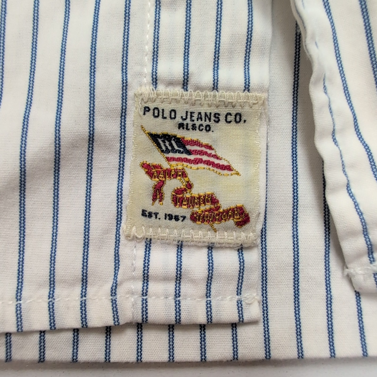 Chemise Ralph Lauren M Slim Fit Blanc Rayures Bleu Logo Drapeau USA Vintage