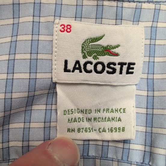 Chemise Lacoste bleue à carreaux minimaliste boutons gravés crocodile S