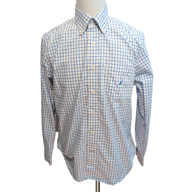 Chemise Nautica L Bleu Carreaux 100% Coton A Bit Trimmer Manches Longues