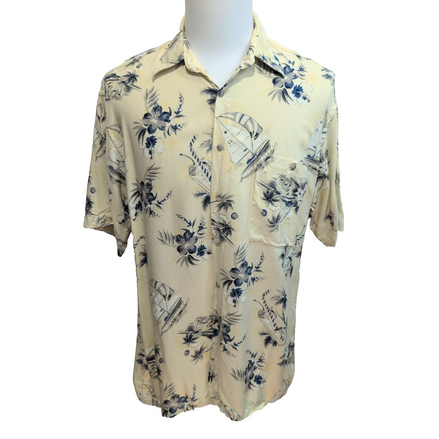 Chemise Hawaïenne XL 100% Viscose Jaune Cocktails Voiliers Fleurs