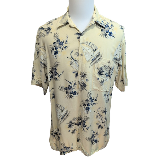 Chemise Hawaïenne XL 100% Viscose Jaune Cocktails Voiliers Fleurs