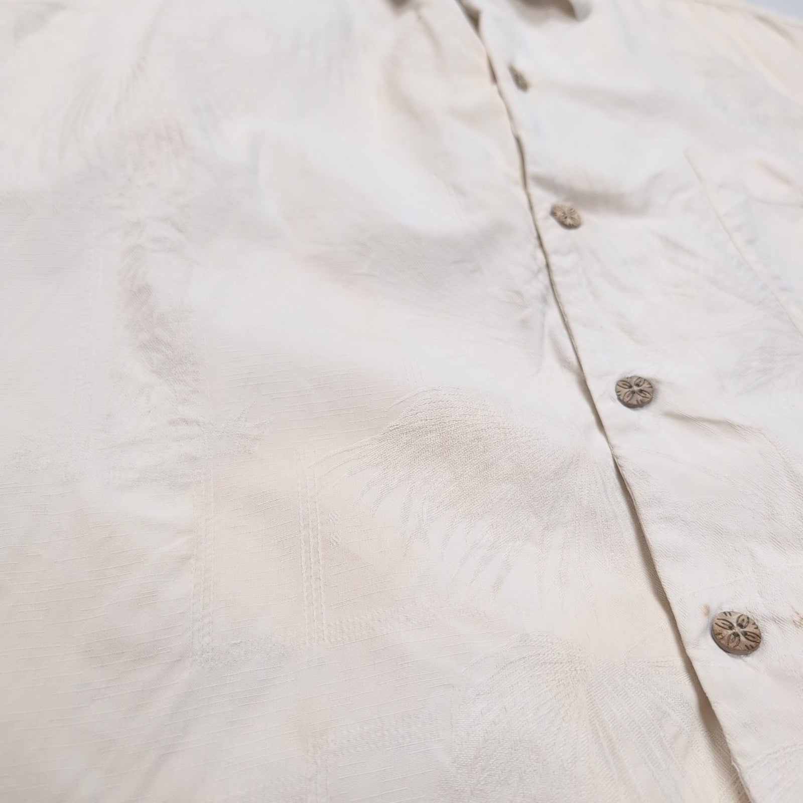 Chemise Hawaïenne Tommy Bahama XL 100% Soie Blanche Palmiers Boutons Bois