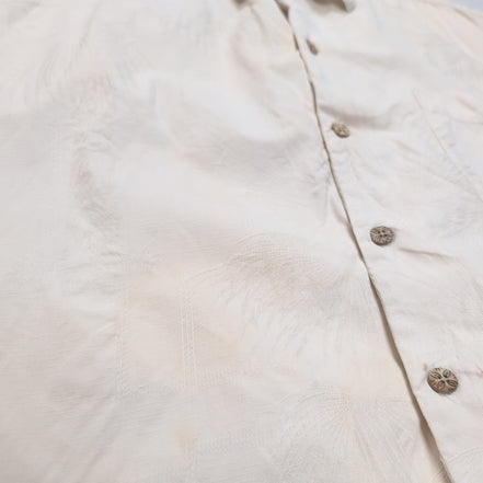 Chemise Hawaïenne Tommy Bahama XL 100% Soie Blanche Palmiers Boutons Bois