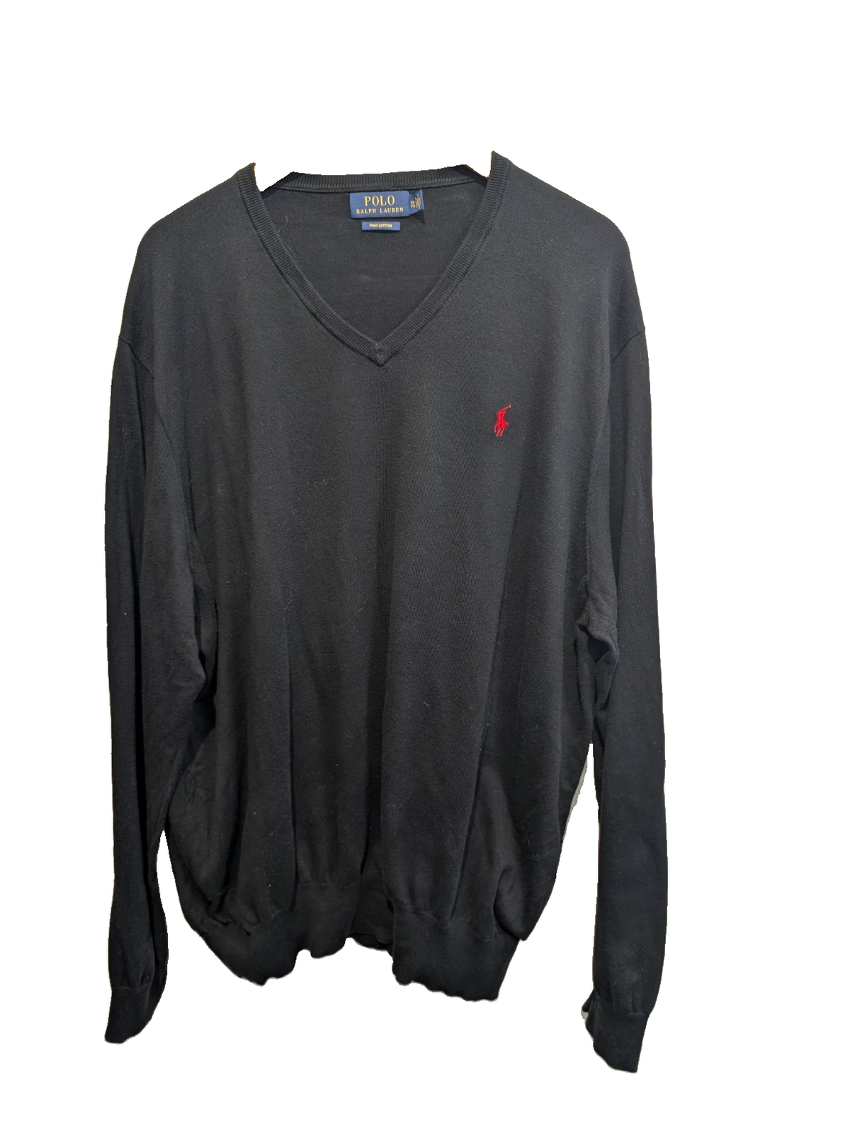 Pull Polo Ralph Lauren noir col V logo rouge Pima Cotton taille XXL