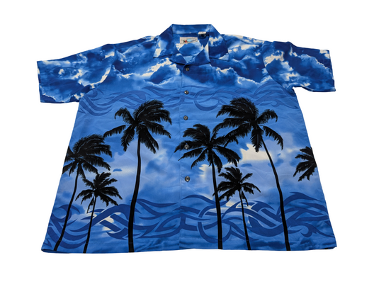 Chemise hawaïenne Ocean current bleue palmiers nuages  taille M #705h