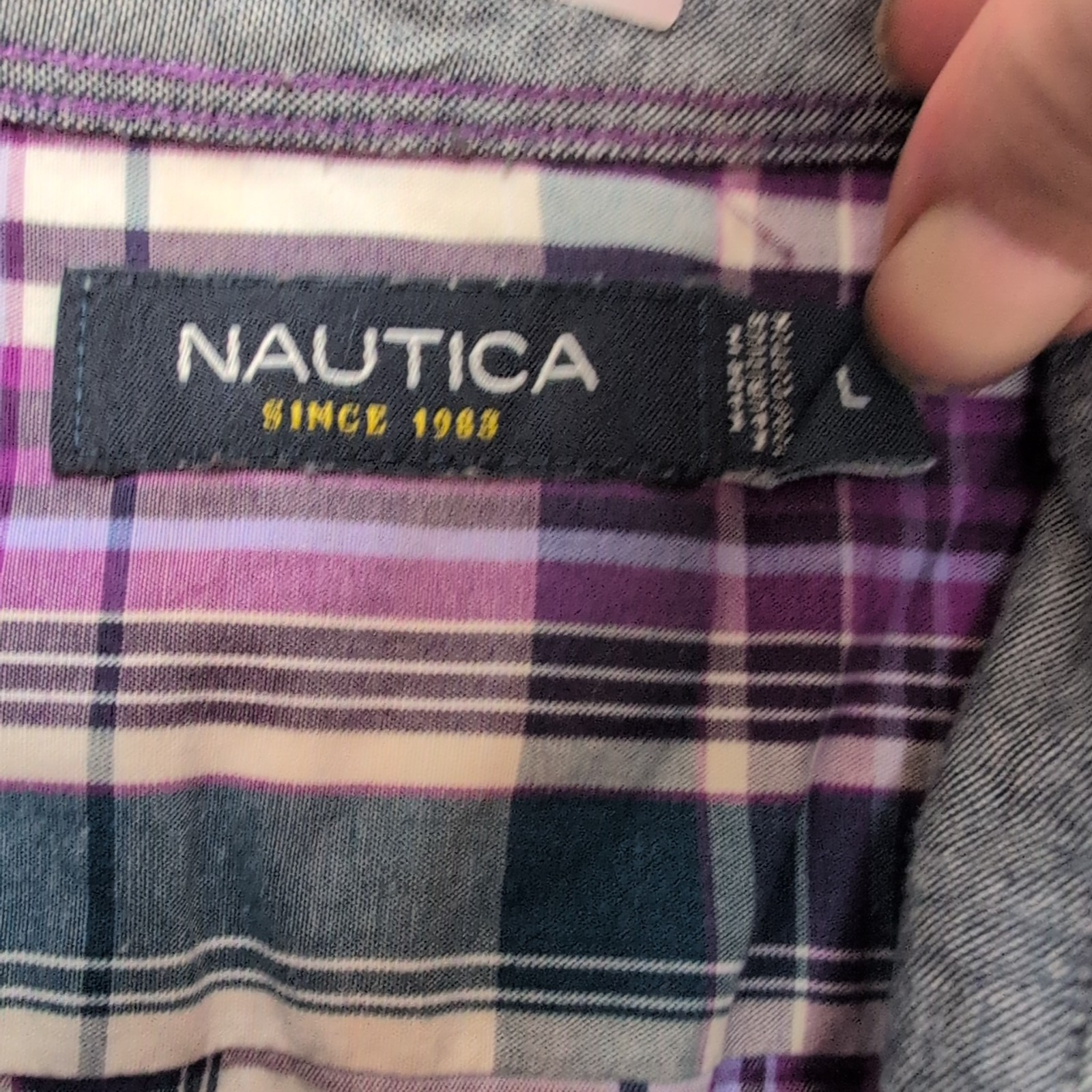 Chemise Nautica L Vert Violet Carreaux Coton Logo Brodé Poche manches longues