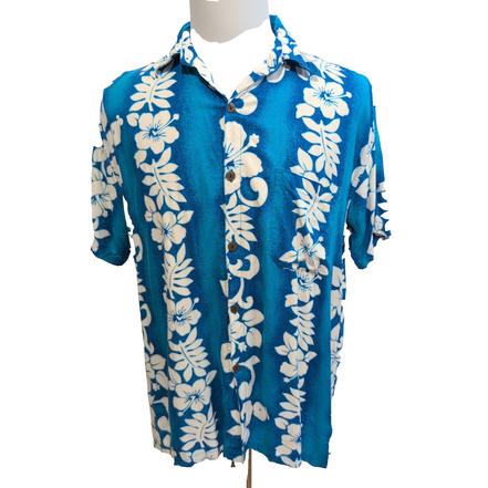 Chemise Hawaïenne Island Stuff Rayonne Bleu Fleurs Tropicales Taille L