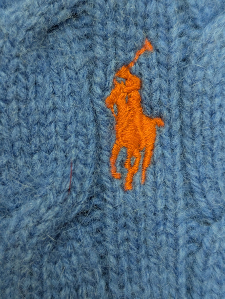 Pull Polo Ralph Lauren Torsadé Bleu Ciel Logo Orange 90% Mérinos / 10% Angora M