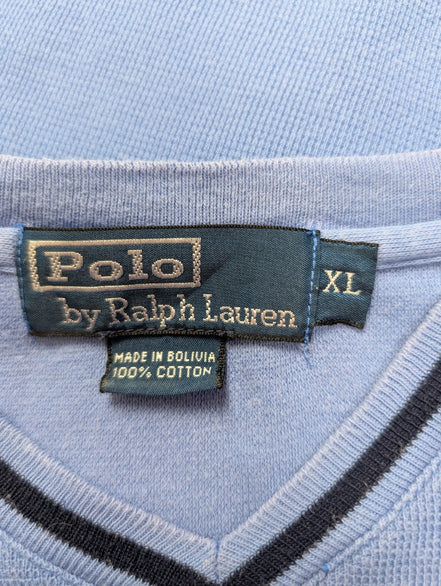 T-shirt Polo Ralph Lauren XL bleu ciel col V coton épais logo brodé