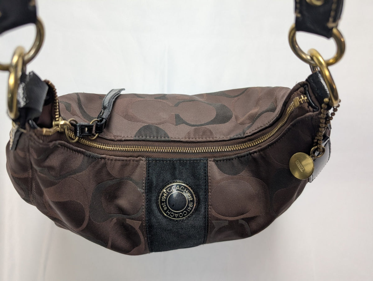 Sac Coach Signature Bandoulière Toile Marron Cuir Noir