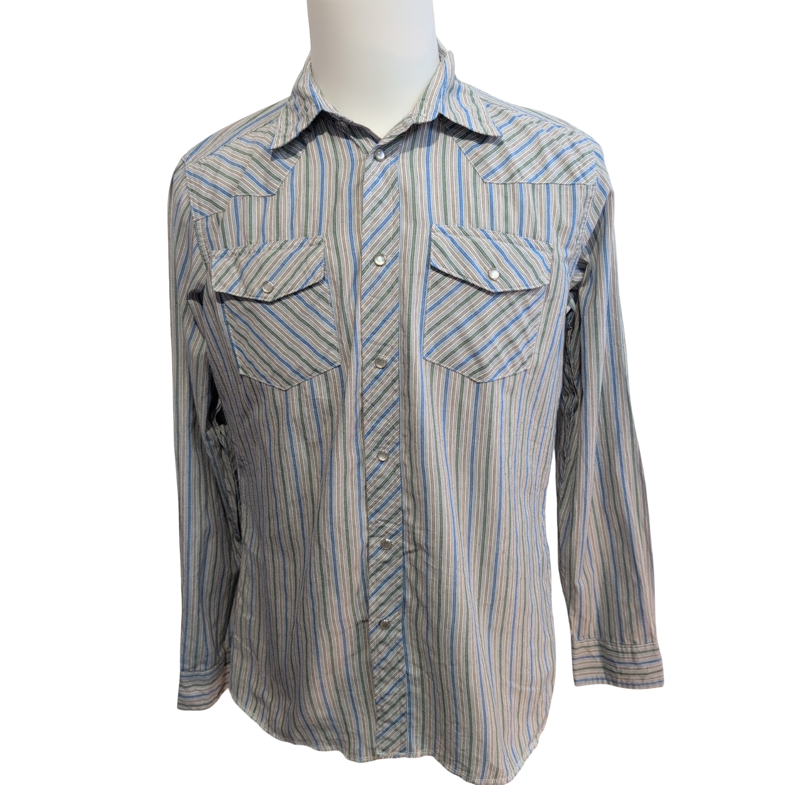 Chemise Wrangler Style Western Manches Longues Rayures Bleu et Vert Taille XXL