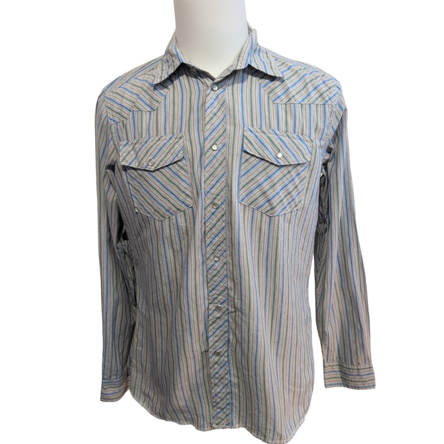 Chemise Wrangler Style Western Manches Longues Rayures Bleu et Vert Taille XXL