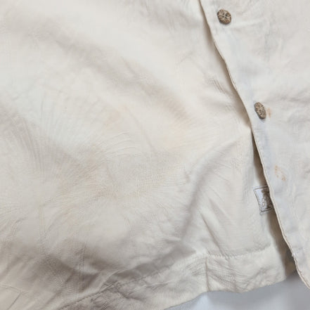 Chemise Hawaïenne Tommy Bahama XL 100% Soie Blanche Palmiers Boutons Bois