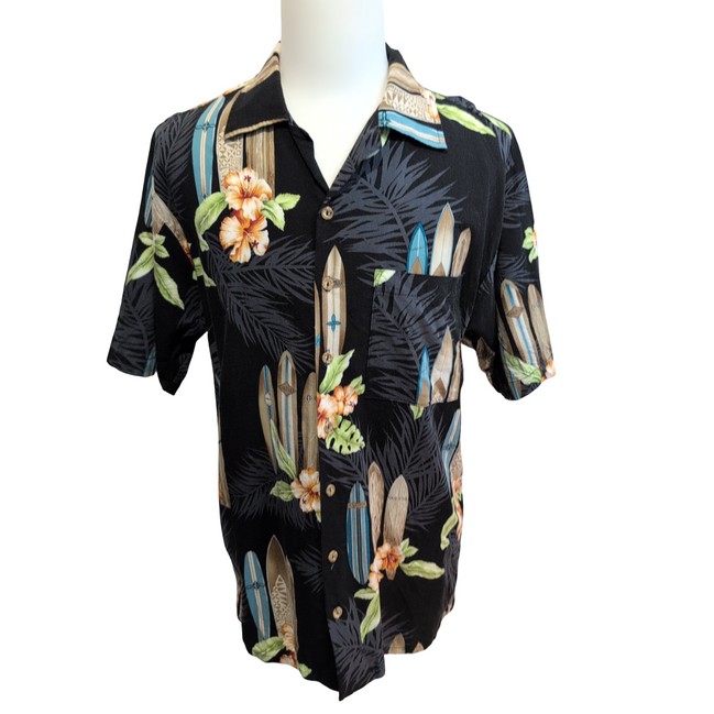Chemise Hawaïenne JFF Coton Noir Surf Floral L Made in USA