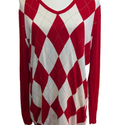 Pull Tommy Hilfiger Femme Col V Rouge & Blanc Losanges Filet d'Or - Taille 2XL