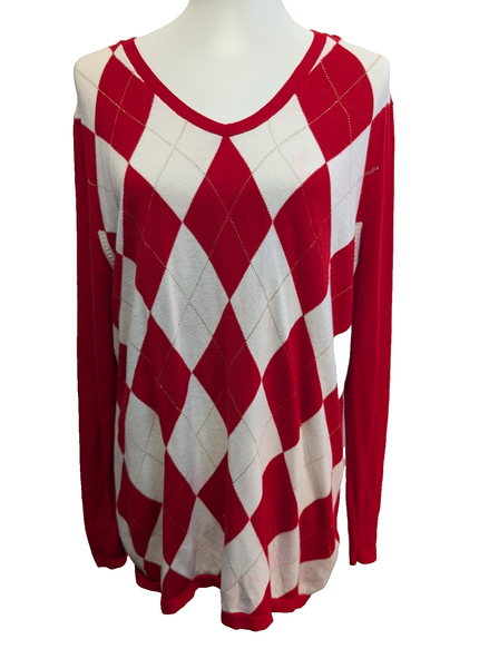 Pull Tommy Hilfiger Femme Col V Rouge & Blanc Losanges Filet d'Or - Taille 2XL
