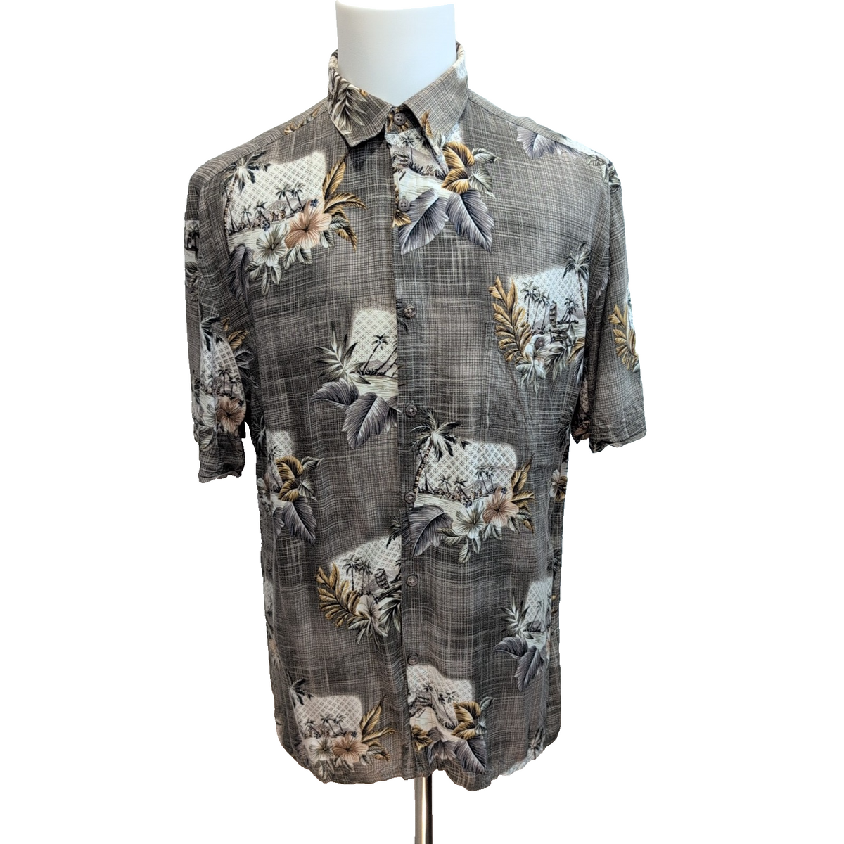 Chemise Hawaïenne Viscose Marron Palmier Feuillage Taille L Manches courtes
