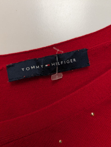 Pull Tommy Hilfiger Femme Rouge Col V Strass Dorés 100% Coton Taille L