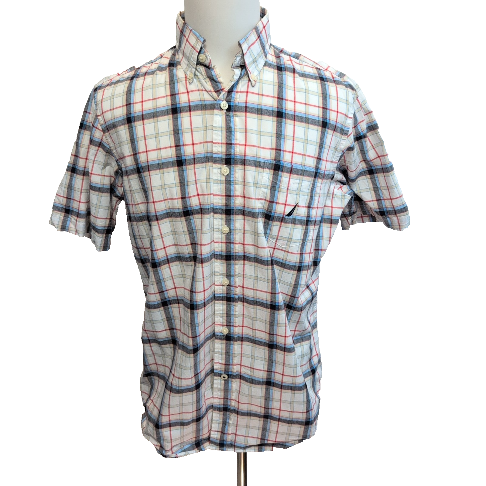 Chemise Nautica M Carreaux Bleu Gris Rouge Coton Manches Courtes