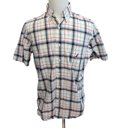 Chemise Nautica M Carreaux Bleu Gris Rouge Coton Manches Courtes