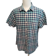 Chemise Banana Republic 100% Lin Bleu Vert Carreaux Manches Courtes Taille XL