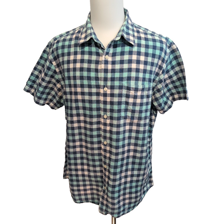 Chemise Banana Republic 100% Lin Bleu Vert Carreaux Manches Courtes Taille XL