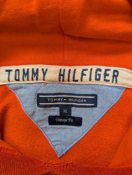 Sweat à Capuche TOMMY HILFIGER Homme XL Orange Vintage Fit Logo Brodé Rare