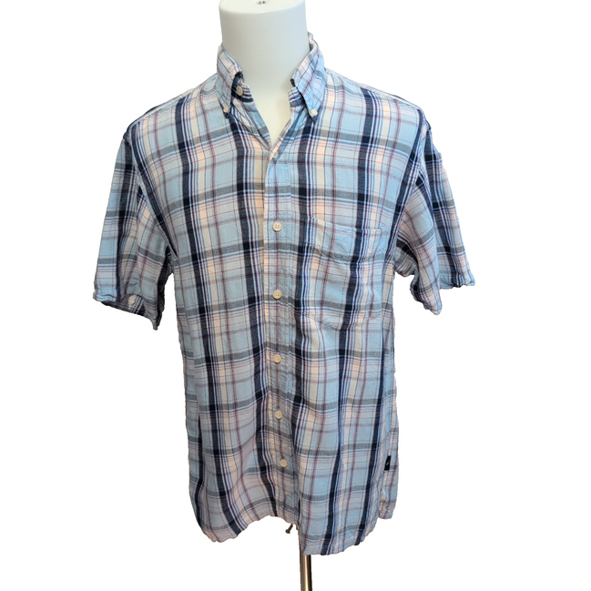 Chemise Nautica Lin Bleu À Carreaux Manche Courte Taille S