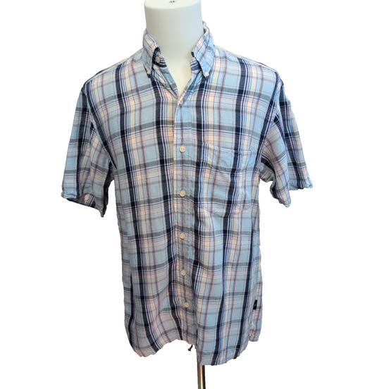 Chemise Nautica Lin Bleu À Carreaux Manche Courte Taille S
