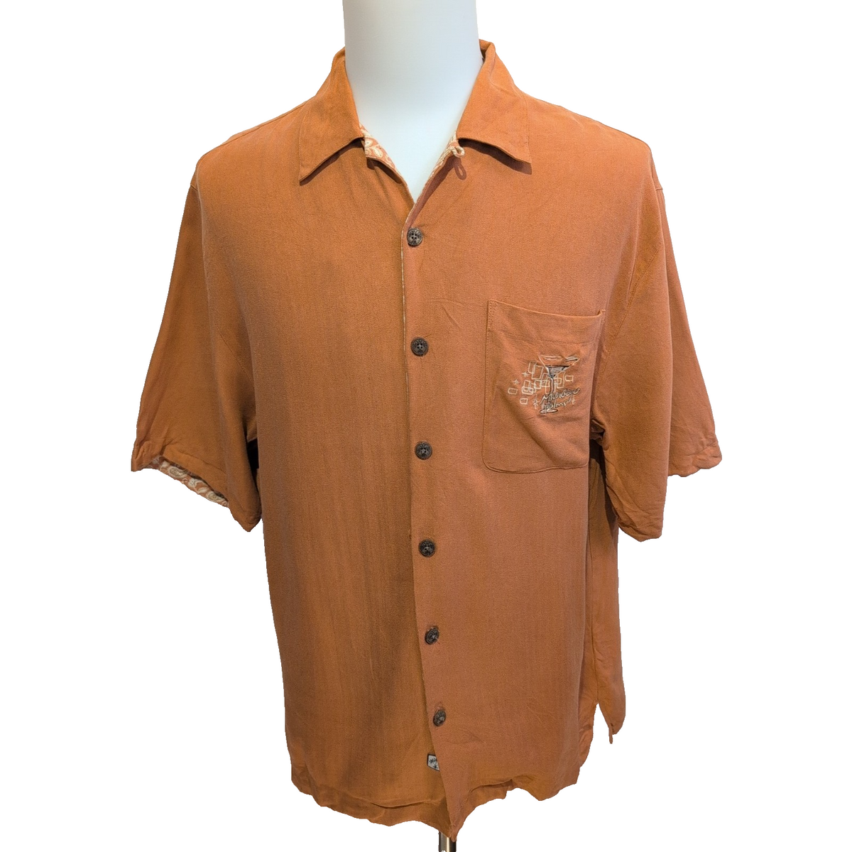 Chemise Hawaïenne Manches Courtes Montego Palms Brodée Soie Orange M