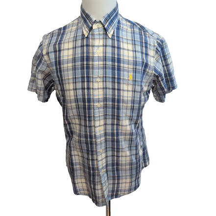 Chemise Ralph Lauren Custom Fit Homme M Bleu Carreaux Lin Coton Manches Courtes