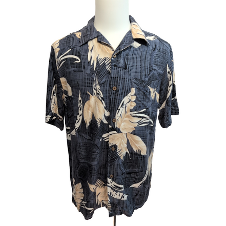 Chemise hawaïenne Island Republic L bleu beige feuillage 55% soie 45% rayonne