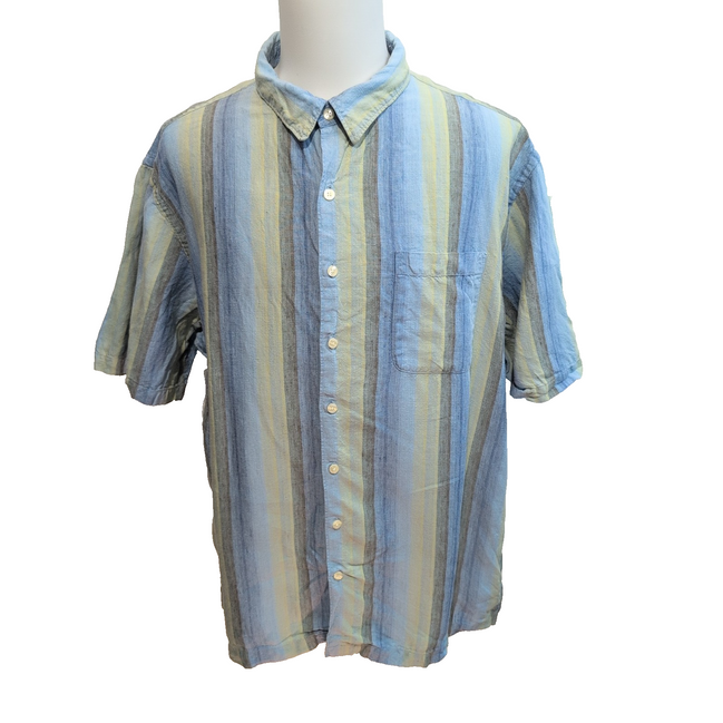 Chemise Breakwater 2XL Lin Vert Bleu Rayures Manche Courte Grande Taille