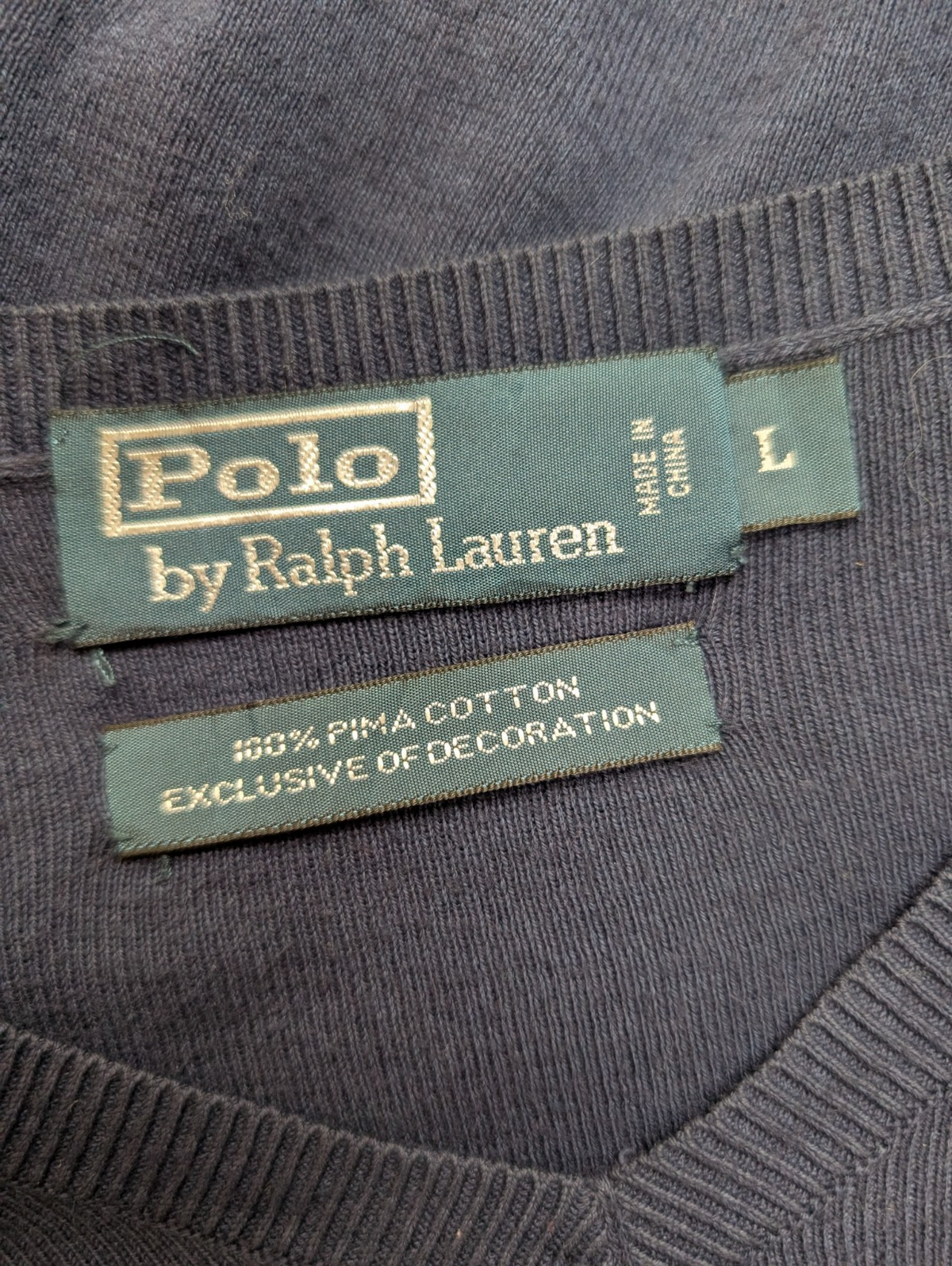 Pull Polo Ralph Lauren L bleu marine col V 100% Pima Cotton logo vert