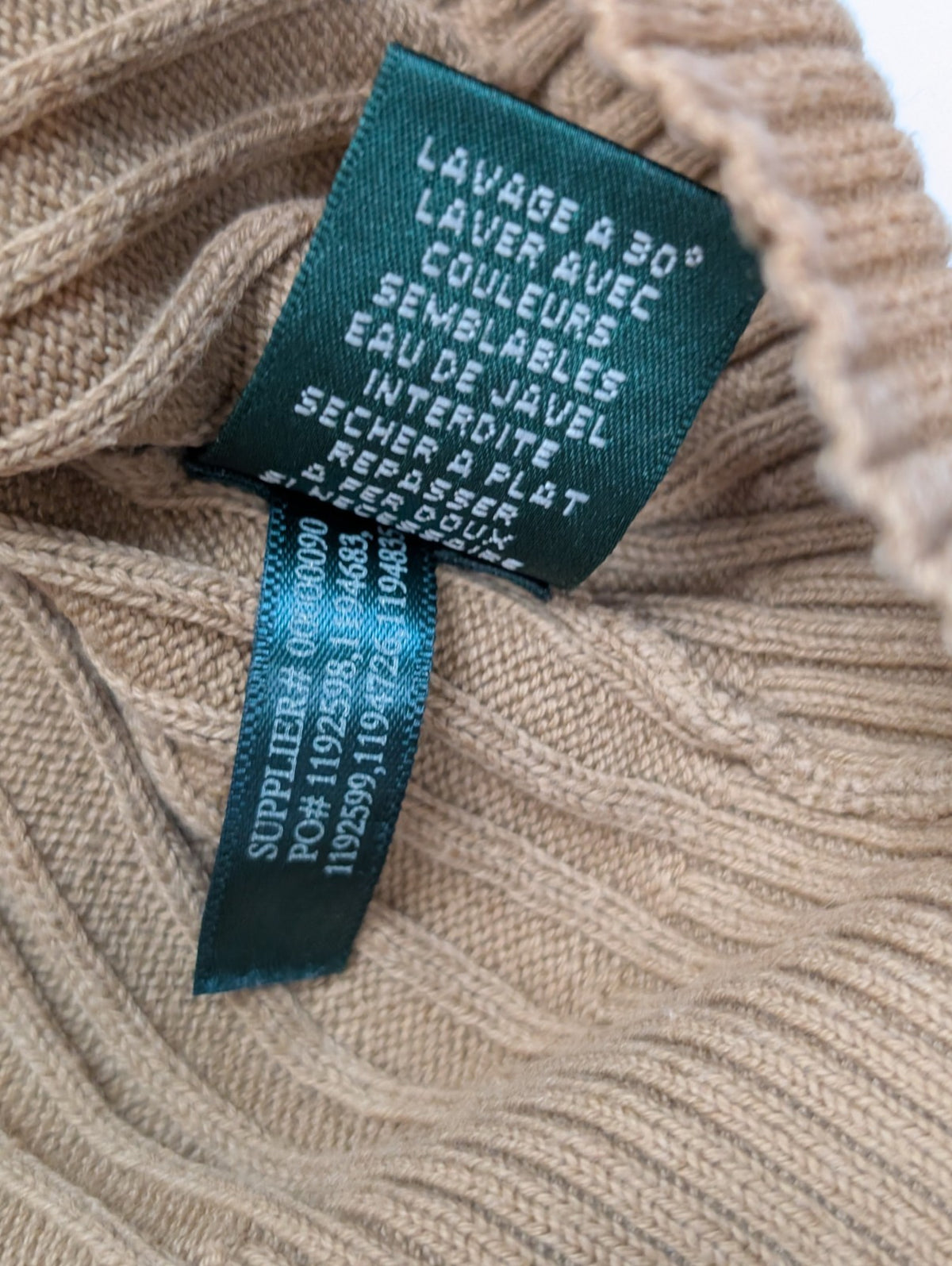 Pull LAUREN Ralph Lauren XL beige camel col V bouton doré maille côtelée