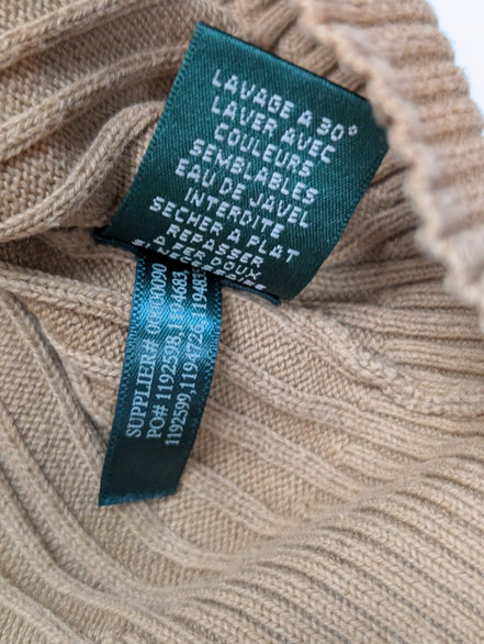 Pull LAUREN Ralph Lauren XL beige camel col V bouton doré maille côtelée