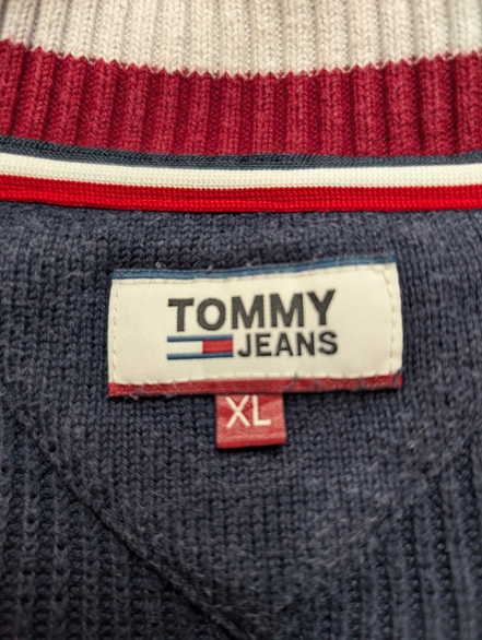 Pull Tommy Hilfiger Vintage Bleu Marine Col V Maille Côtelée - Taille XL