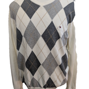 Pull Tommy Hilfiger Homme Col V Losanges Arlequin Gris & Marron - Taille M