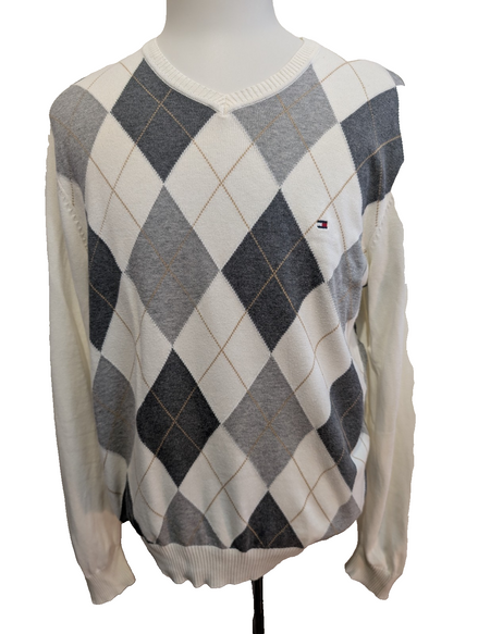 Pull Tommy Hilfiger Homme Col V Losanges Arlequin Gris & Marron - Taille M
