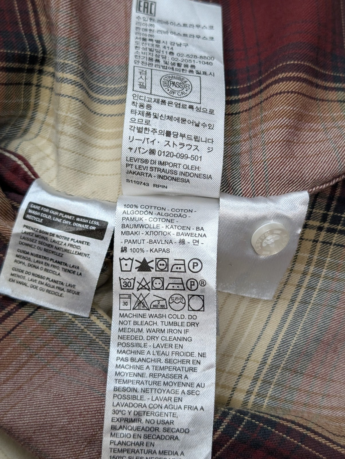 Chemise Levi's Western Carreaux Bordeaux et Crème Manches Longues Taille L