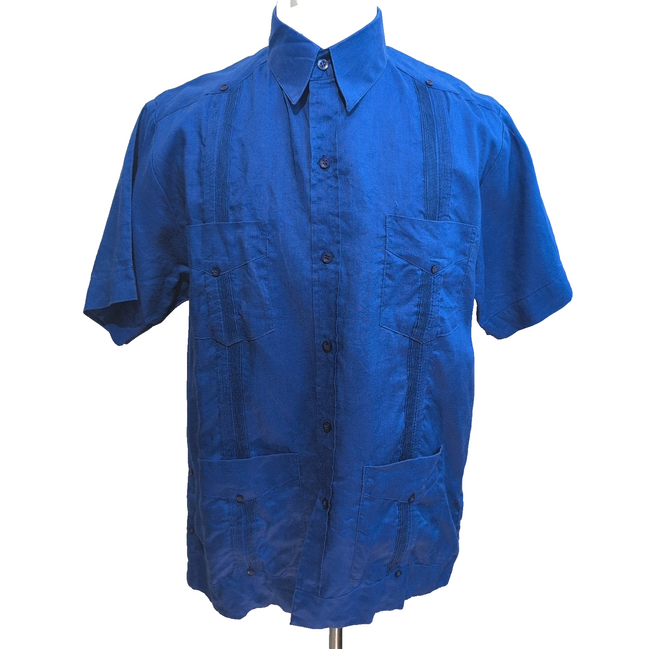 Chemise Hawaïenne Vintage Mojito Style Cuba Panama L Bleu Uni 4 Poches