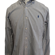 Chemise Polo Ralph Lauren Shirt M Custom Fit Micro-Carreaux Bleu Noir Button Dow